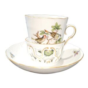Herend Rothschild Bird Teacup Saucer Set Hand Painted Porcelain Hungary 715 713